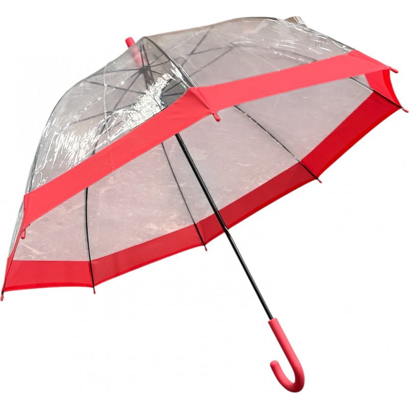 Happy Rain - Long parapluie en cloche, transparent avec bord rouge