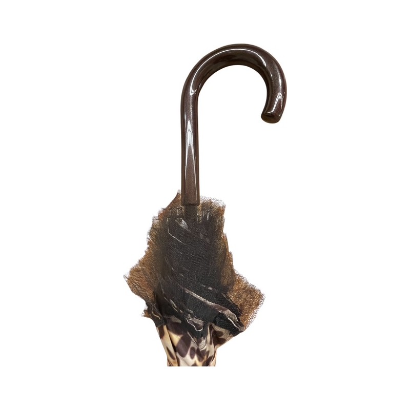 Gianfranco Ferré - Long parapluie leopard foncé bord tulle noir manche marron courbé