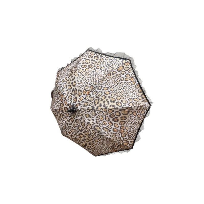Gianfranco Ferré - Long parapluie leopard clair bord tulle noir manche marron courbé